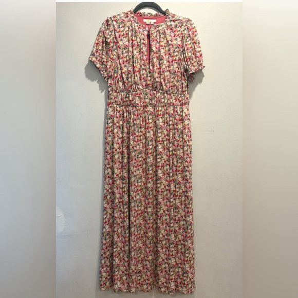 Boden Ruched strech Jersey Pink Floral Maxi Dress women short sleeve plus 14R - Picture 6 of 13